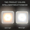 Two LED night lights showing warm light and white light modes for intelligent induction.