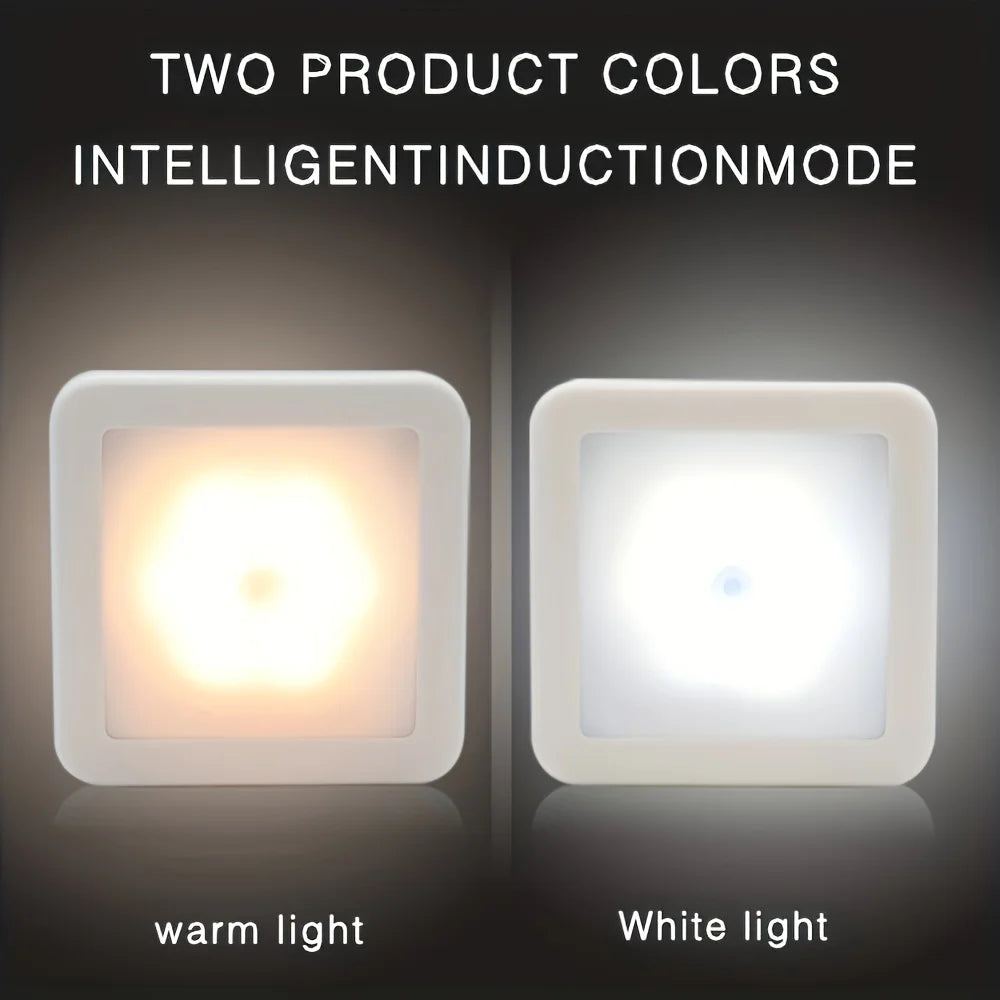 Two LED night lights showing warm light and white light modes for intelligent induction.