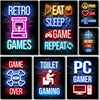 A canvas art print featuring neon alphabet signs for retro games, eat sleep game, and pc gamer over gaming.