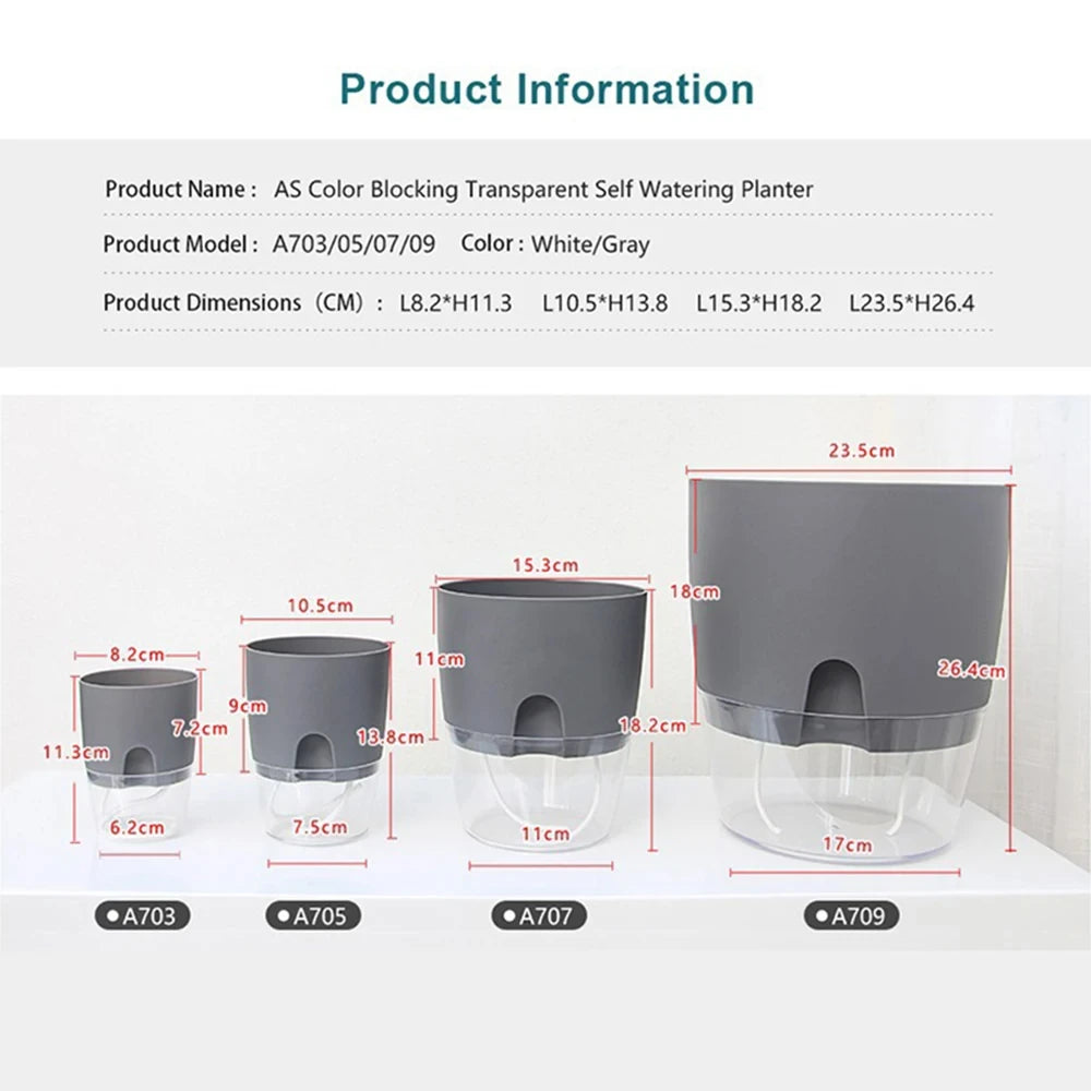 A set of AS Color Blocking Transparent Self Watering Planters in white and gray colors shown from the side.