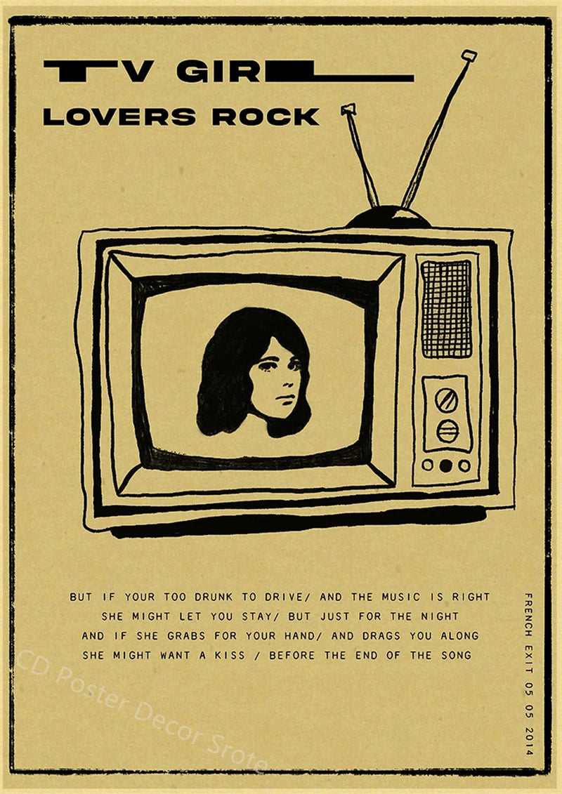 A vintage-style poster featuring a television set displaying a woman's face and text about rock music.