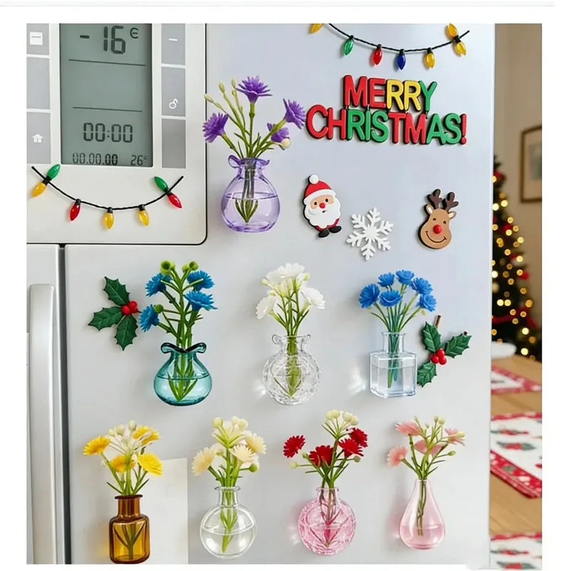 Darstellung farbenfroher Blumenarrangements in Glasflaschen und festlicher Dekoration auf einem Kühlschrank