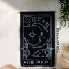 Black sun and moon boho wall tapestry featuring a line drawing of the moon and stars