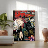 A vertical poster featuring characters from Jujutsu Kaisen anime in a dark, dramatic style.