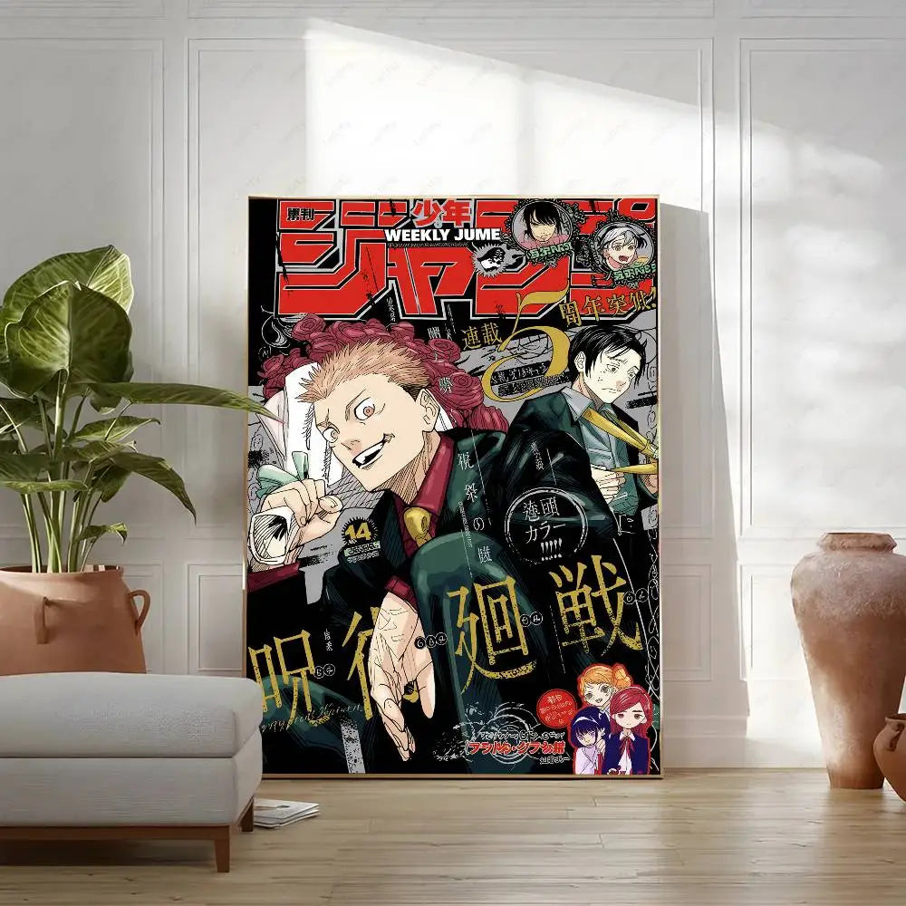 A vertical poster featuring characters from Jujutsu Kaisen anime in a dark, dramatic style.