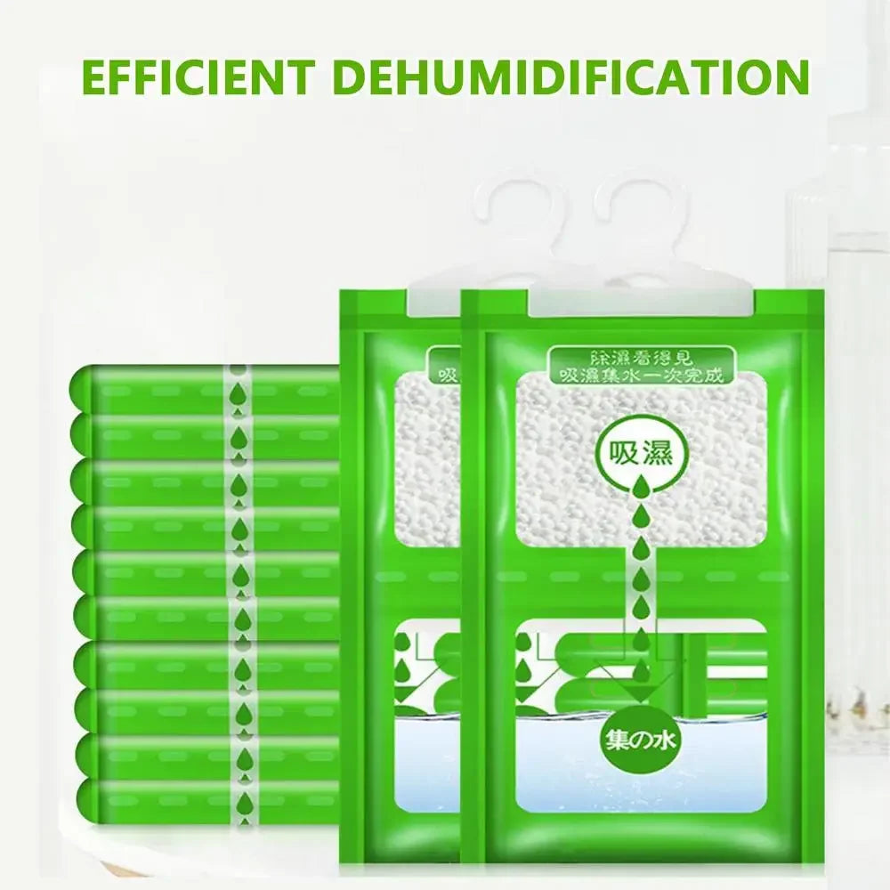 A set of ten green hanging bags used for efficient dehumidification and moisture absorption.