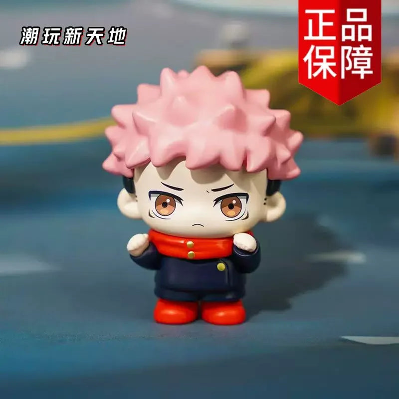 A collectible figure of Gojo and Geto from Jujutsu Kaisen, featuring pink hair and dark clothing.