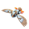 A detailed 3D printed owl figurine with orange accents and brown feathers, designed as a desk decor.
