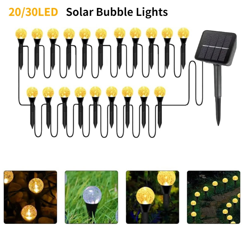 A set of 20/30LED solar bubble lights with black wires and solar panels shown in various outdoor settings.