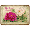 Vintage metal tin sign featuring a pink peony flower illustration with elegant script text.