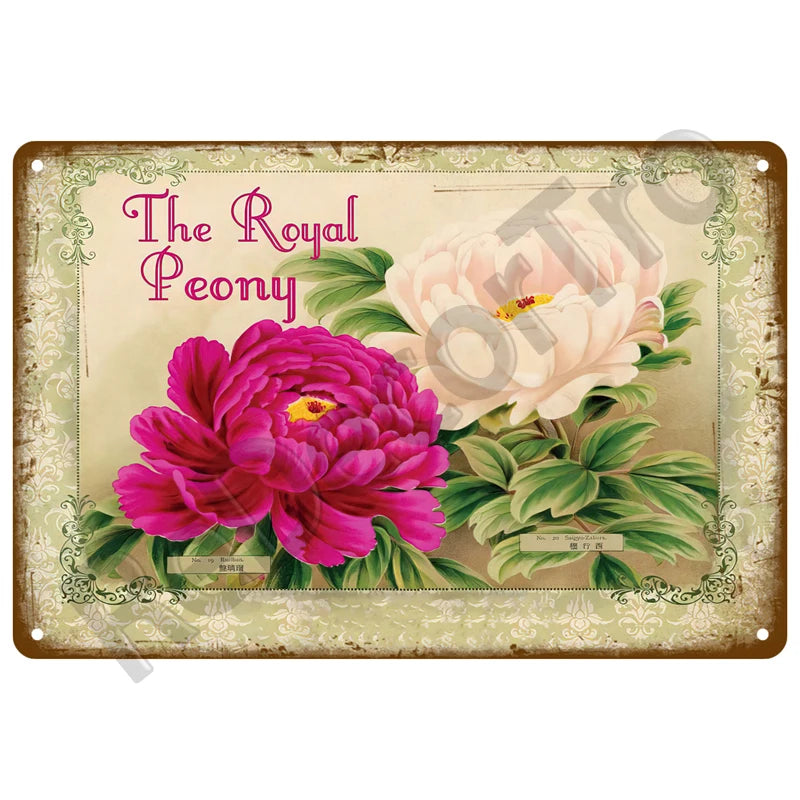 Vintage metal tin sign featuring a pink peony flower illustration with elegant script text.