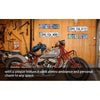 A vintage motorcycle with a custom paint job is displayed against a wooden wall decorated with love and goodbye signs.