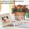 A puzzle-shaped acrylic plaque with the words Mom Love you forever is displayed next to a bouquet of red and orange flowers.
