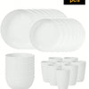 A set of 32 white reusable plastic tableware items including plates and cups.