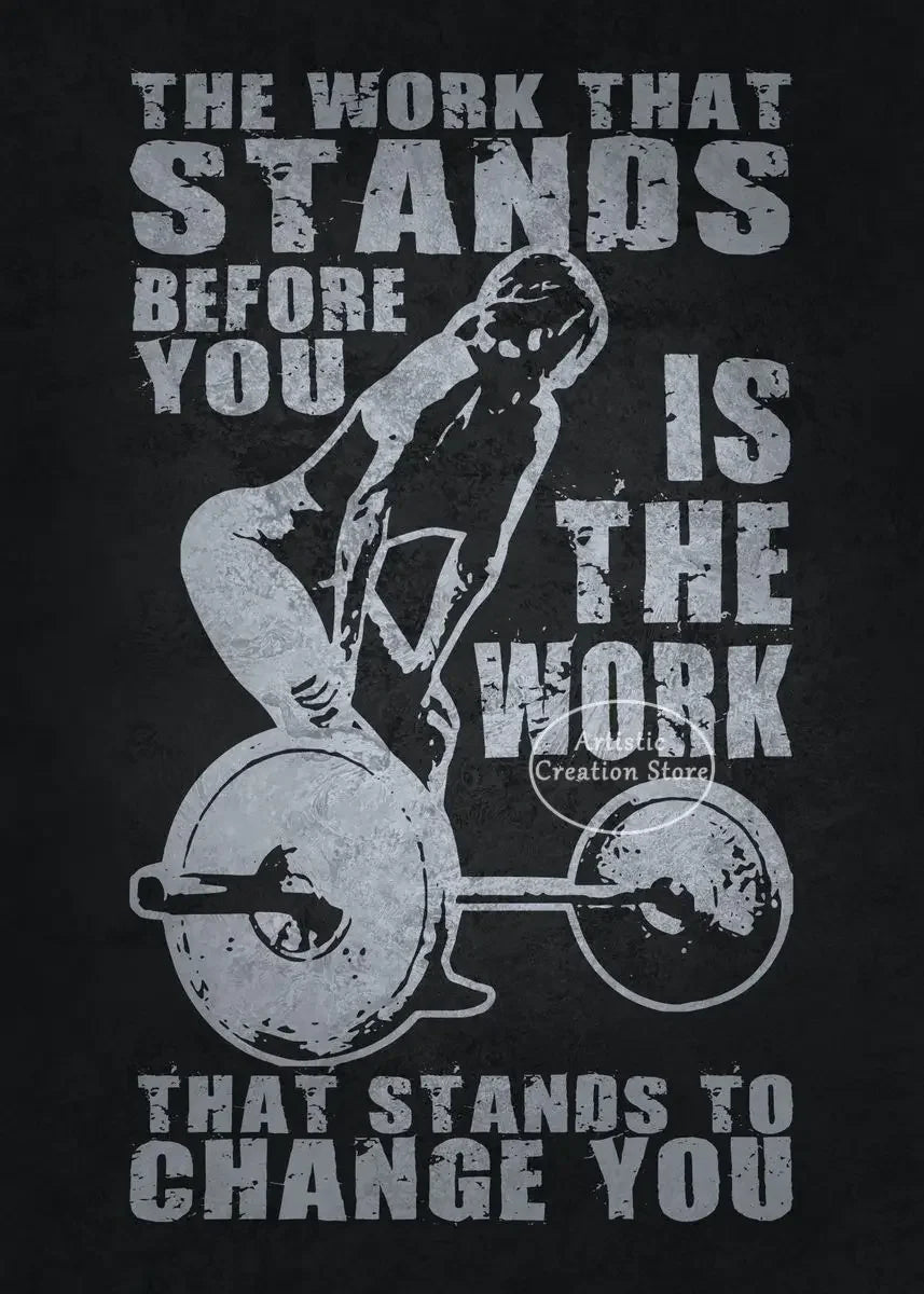 A black canvas print with white text and a silhouette of a person lifting a barbell, featuring motivational phrases.