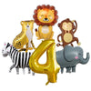 Jungle safari birthday decor set featuring inflatable lion, elephant, zebra, and giraffe figures.