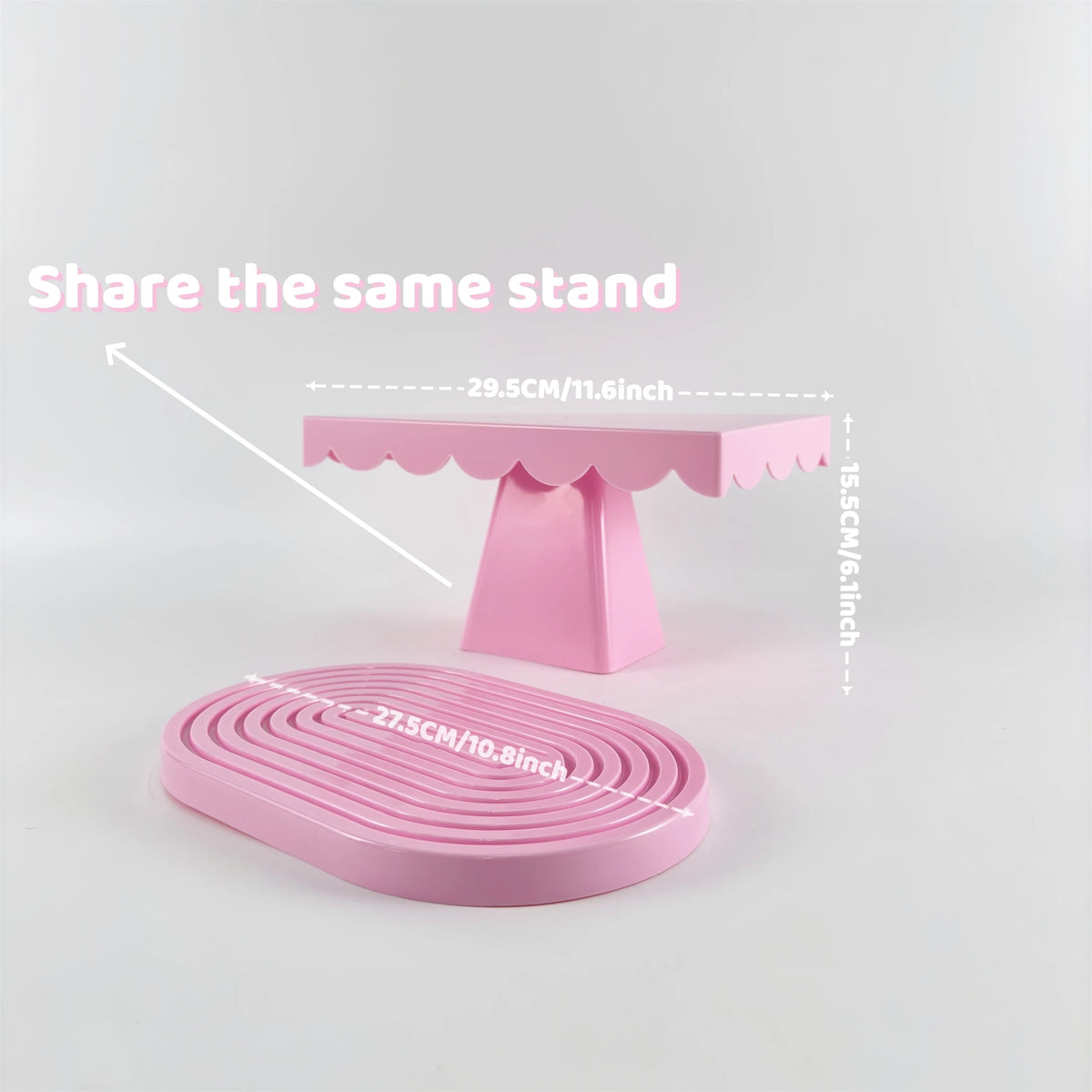 Two pink cupcake stands are shown with measurements indicating they share the same stand size.