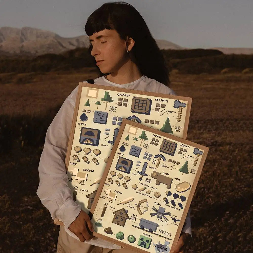 A person holds a framed printable wall art poster featuring various nature and craft-themed illustrations.