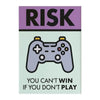 Impresión en lienzo con la palabra 'RISK' en letras negras grandes sobre un ícono de control de videojuegos gris y el texto '