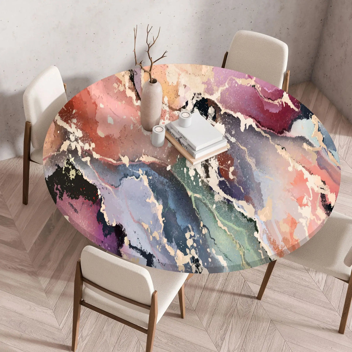 A round table set for dining featuring a marble print tablecloth with an elastic edge on a wooden table.