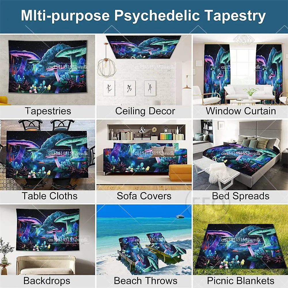 A collection of psychedelic tapestry wall hangings, including tapestries, ceiling decor, window curtains, sofa covers, bed sp
