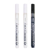 Three acrylic paint pens in white and black packaging are shown standing vertically.