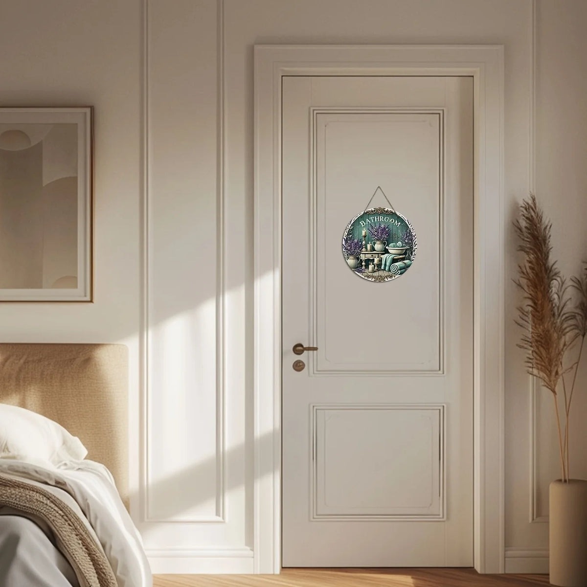 A white wooden door features a circular sign depicting lavender and candles.
