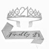 Silver rhinestone birthday crown and glitter sash set with the number 21