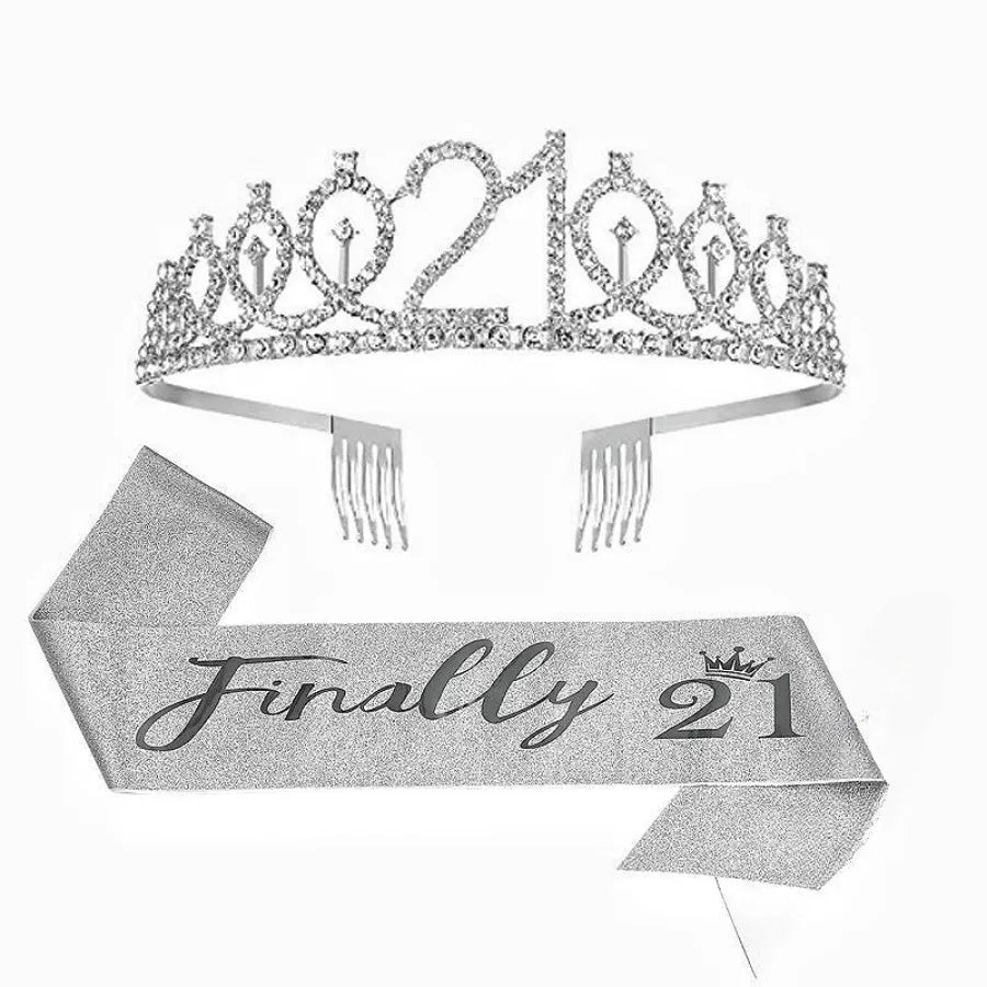 Silver rhinestone birthday crown and glitter sash set with the number 21
