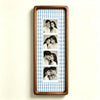 A vertical photo strip frame with a blue and white gingham background displaying six portrait photos of couples.