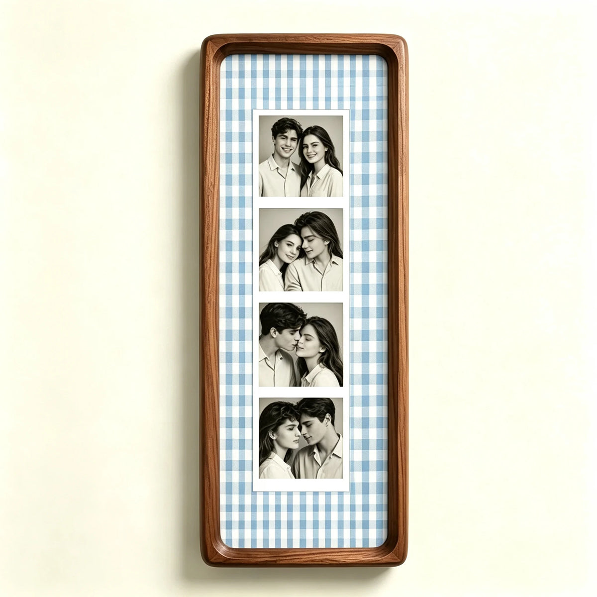 A vertical photo strip frame with a blue and white gingham background displaying six portrait photos of couples.