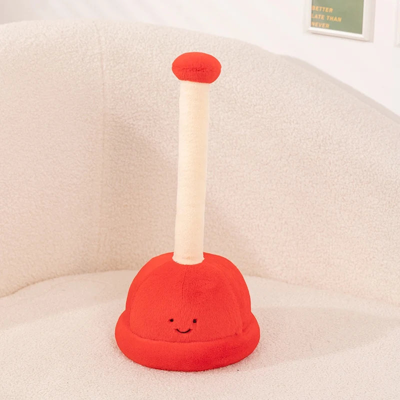 A plush toy shaped like a toilet paper poop plunger, colored bright red and cream.
