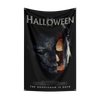 A black flag featuring a close-up of Michael Myers' face with the text Halloween and The Boogieman is back