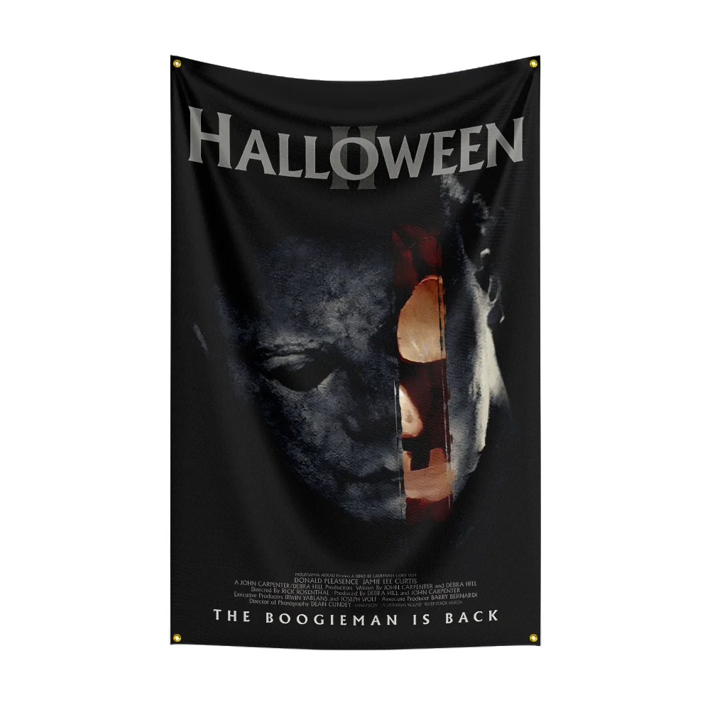 A black flag featuring a close-up of Michael Myers' face with the text Halloween and The Boogieman is back