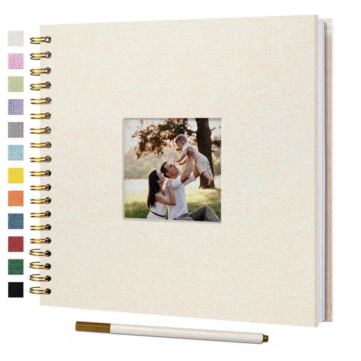A beige linen cover scrapbook album with a photo insert and a gold-colored spiral binding.