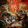 A painting depicting several dogs playing poker around a table in a richly decorated room.