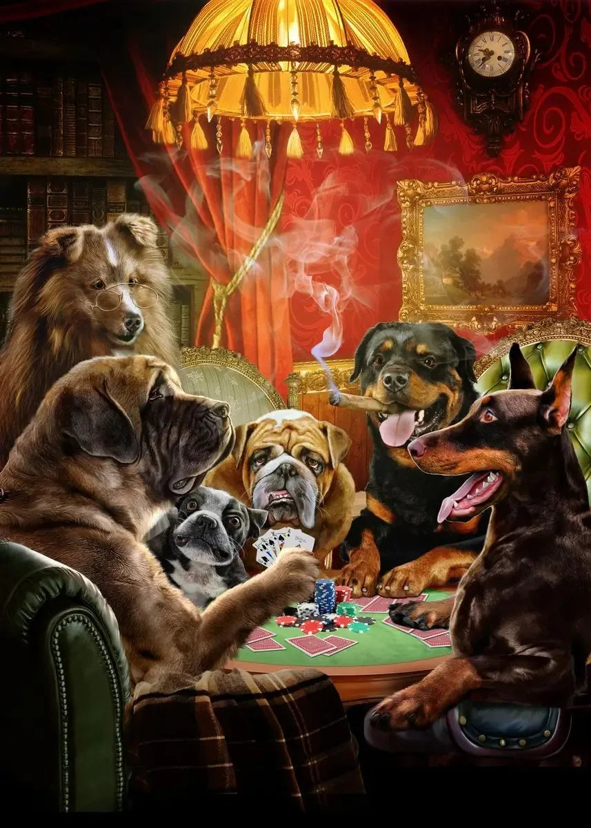 A painting depicting several dogs playing poker around a table in a richly decorated room.