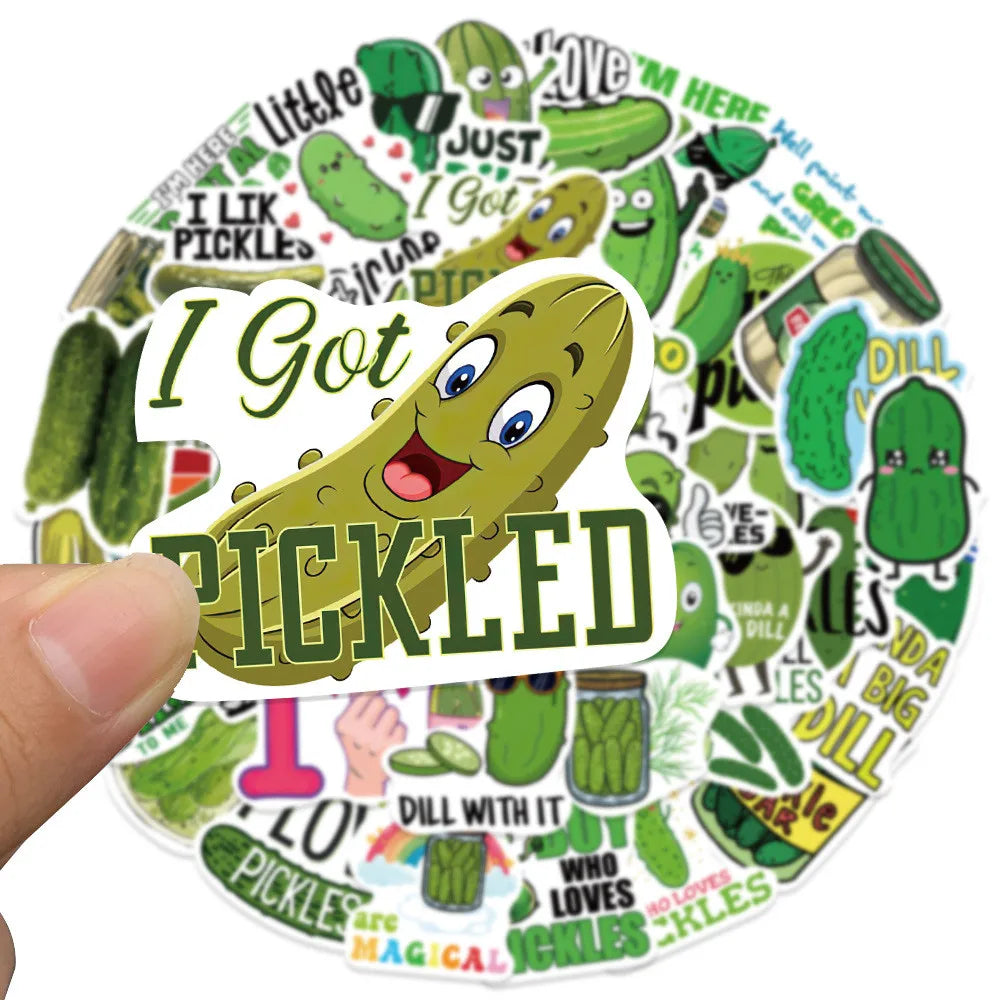 A circular sticker pack featuring cartoon pickles and pickle-themed text like I Got Pickled.