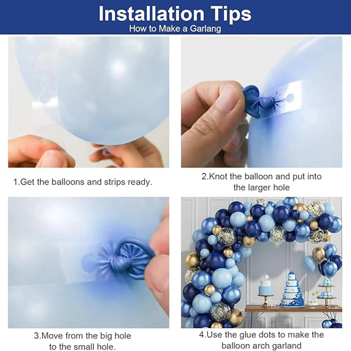 Installation tips showing how to make a garland using balloons and strips for a party decoration