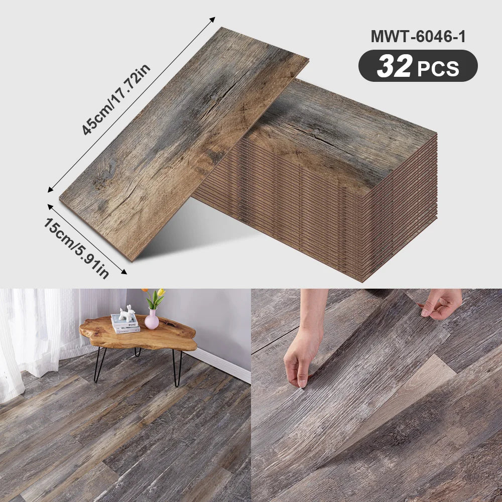A package of wood grain peel-and-stick floor and wall stickers, showing a rectangular piece and a stacked bundle.
