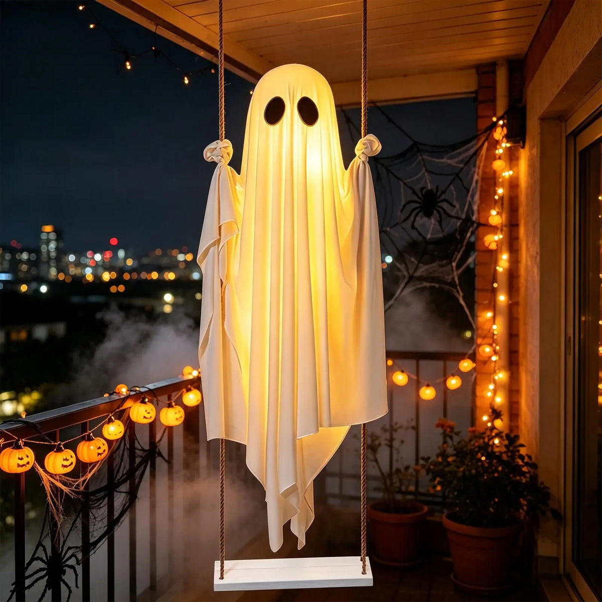 Une décoration fantôme blanche pend d'une balançoire dehors la nuit avec des guirlandes lumineuses et un filet d'araignée en 
