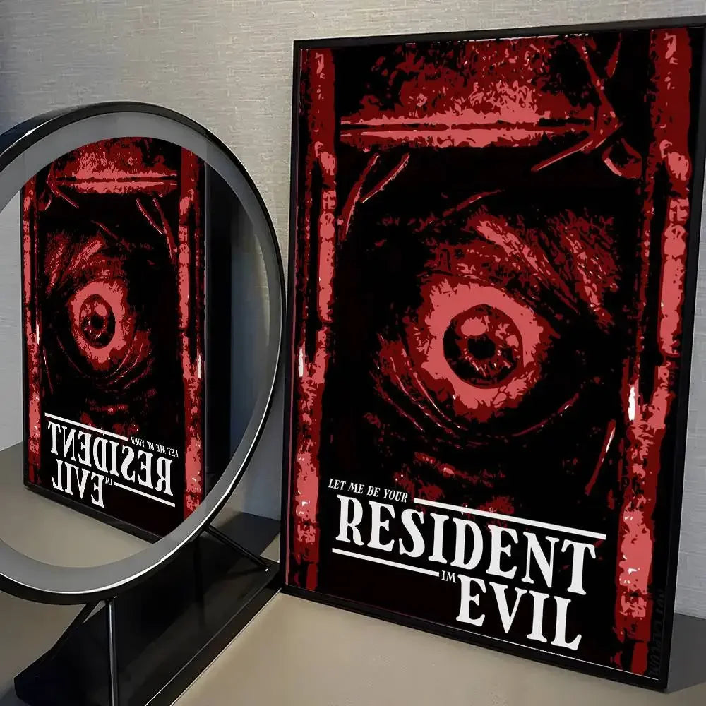 A dark red and black poster featuring a close-up, intense eye design with the text Resident Evil I'm Evil.