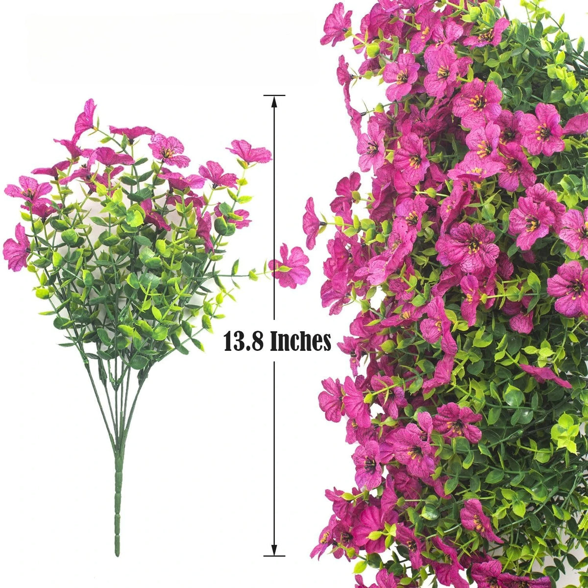 Vertikale Anordnung leuchtend rosa und magentafarbener künstlicher Frühlingsnelken auf einem grünen Blattrhiz.