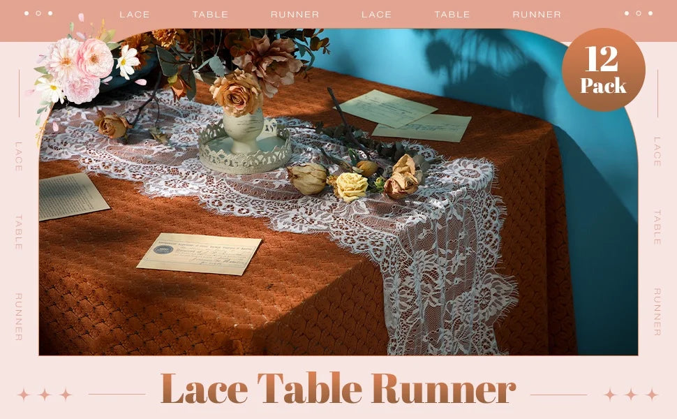 A close-up of a brown linen tablecloth decorated with a white lace table runner, floral accents, and small cards.