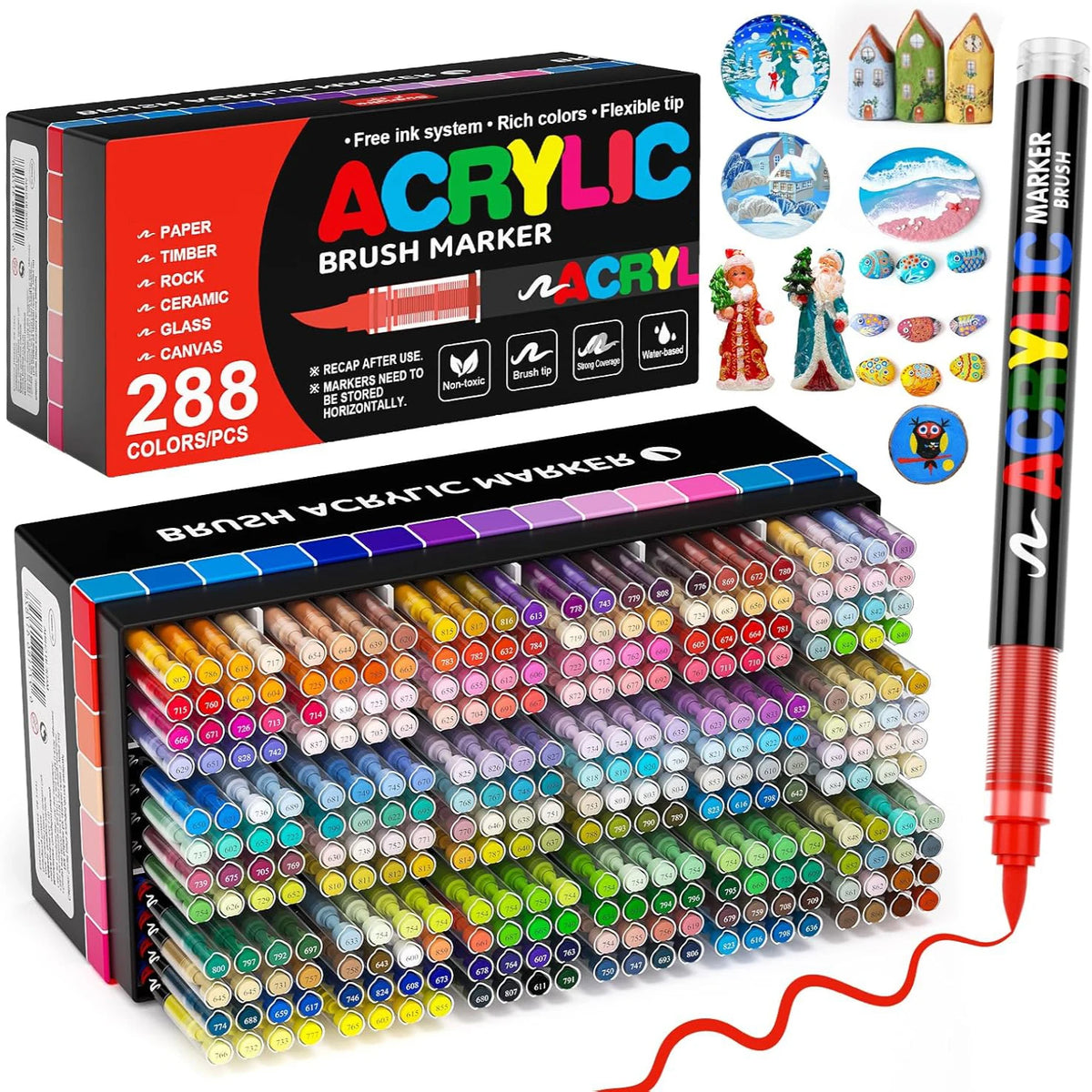 A box set of acrylic brush markers with various colors and a brush tip, showing different marker sets.