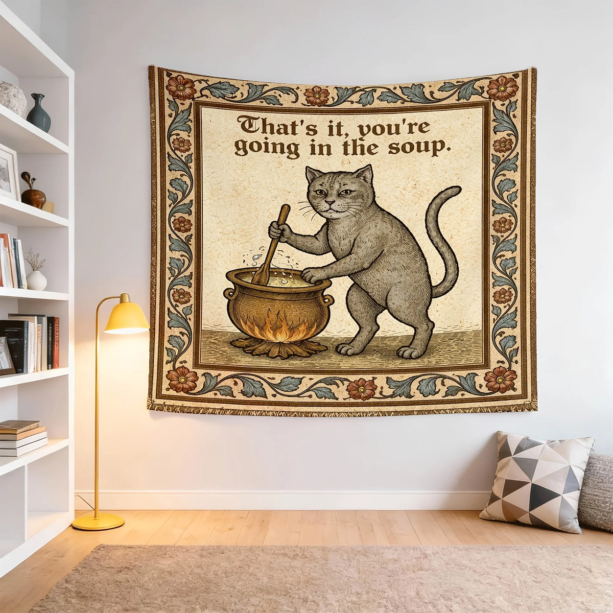 Medieval Cat in Soup Tapestry – Quirky Wall Hanging