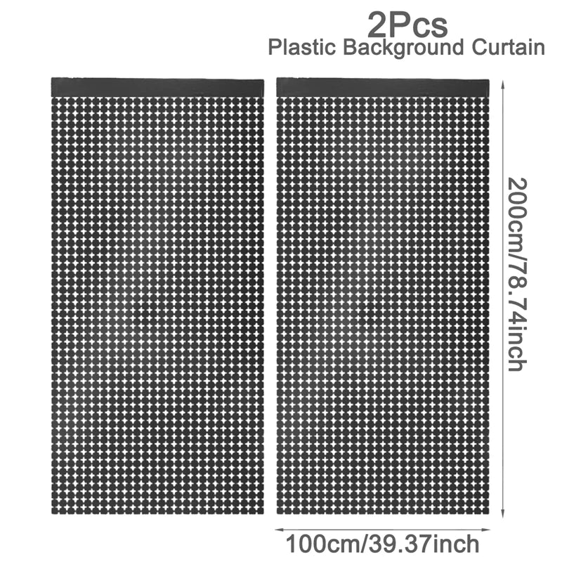 Two pieces of black plastic background curtain measuring 200cm by 100cm.