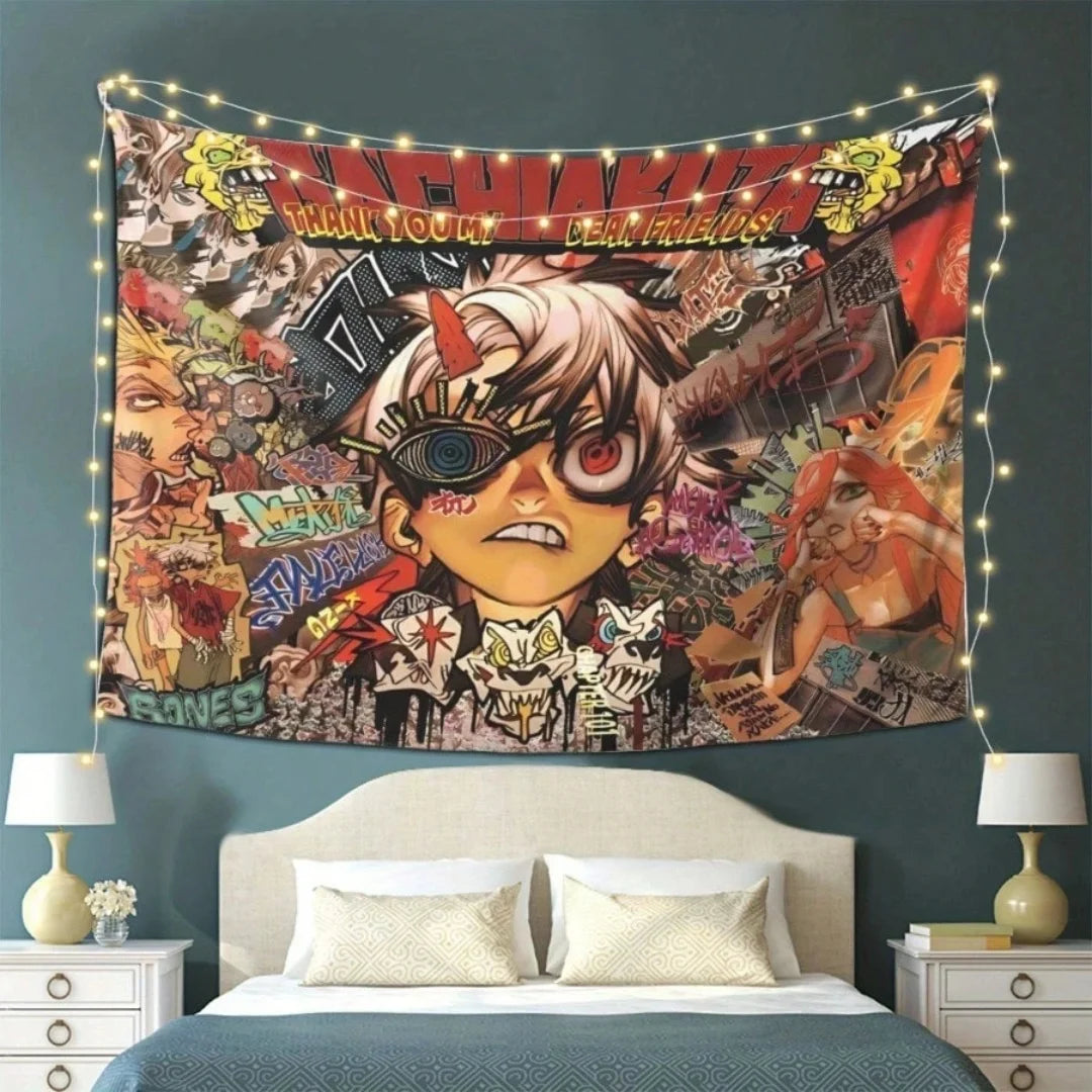 Tapiz de graffiti de anime en pared con diseño estilizado y colores vibrantes y texto