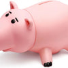 A pink cartoon piggy bank with black features is shown from a side angle.