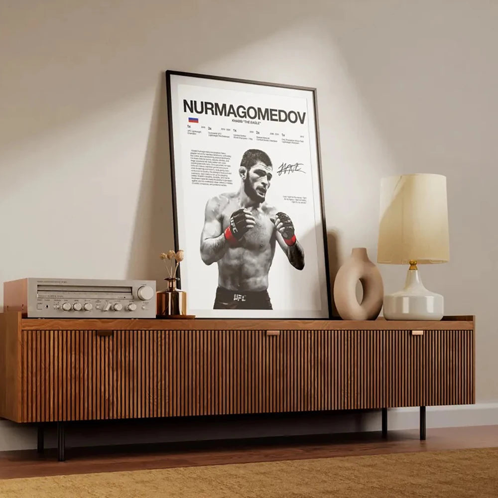 A framed canvas wall art print featuring a black and white portrait of a boxing fighter named Nurmagomedov.